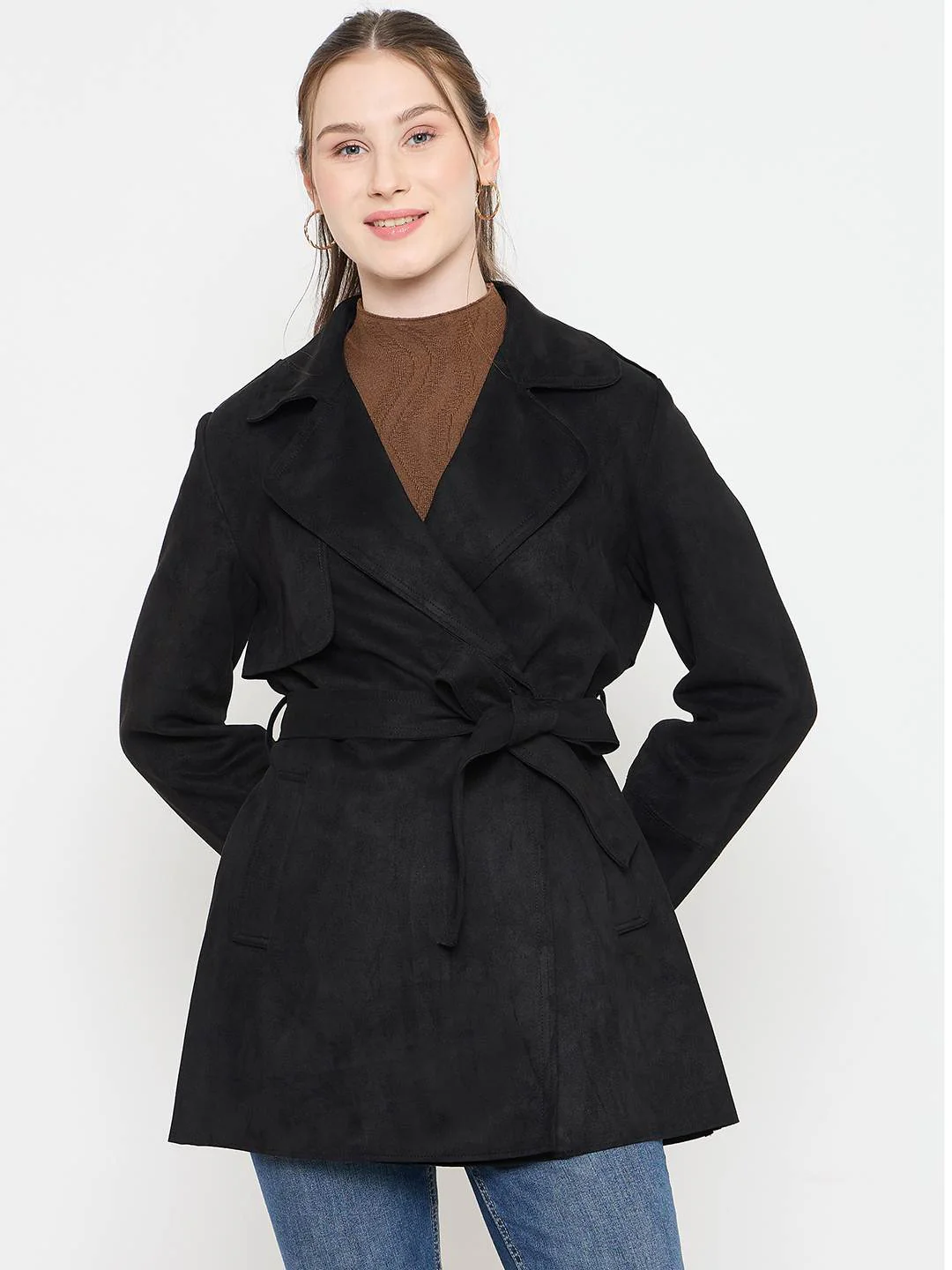 Madame Black Coat with Notched Lapel Collar and Belt - Image 3