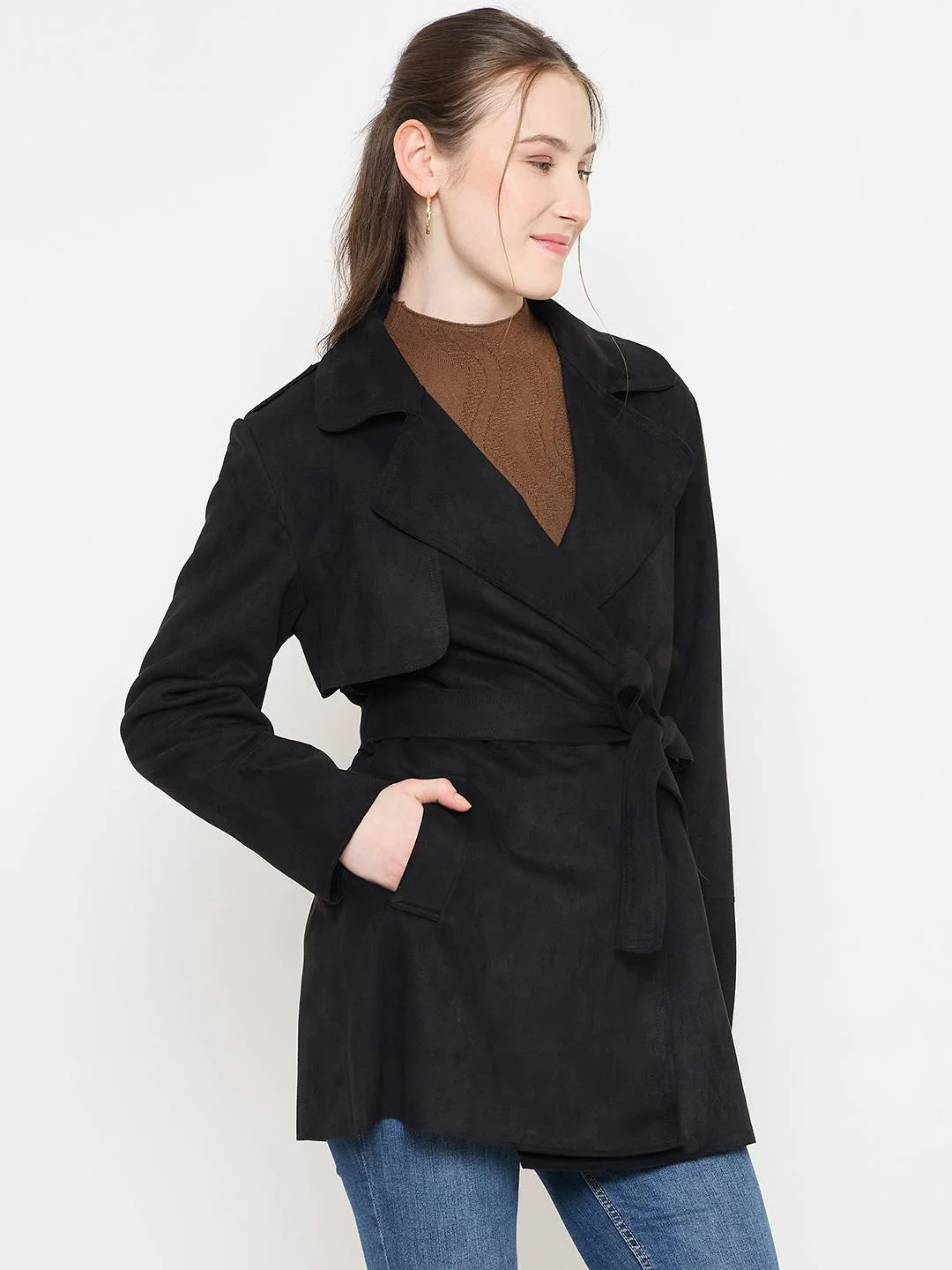 Madame Black Coat with Notched Lapel Collar and Belt - Image 4