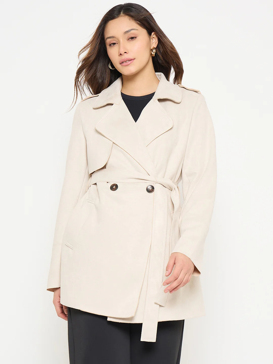 Madame Lapel Notch Collar Off White Long Coat with Belt and Buttons