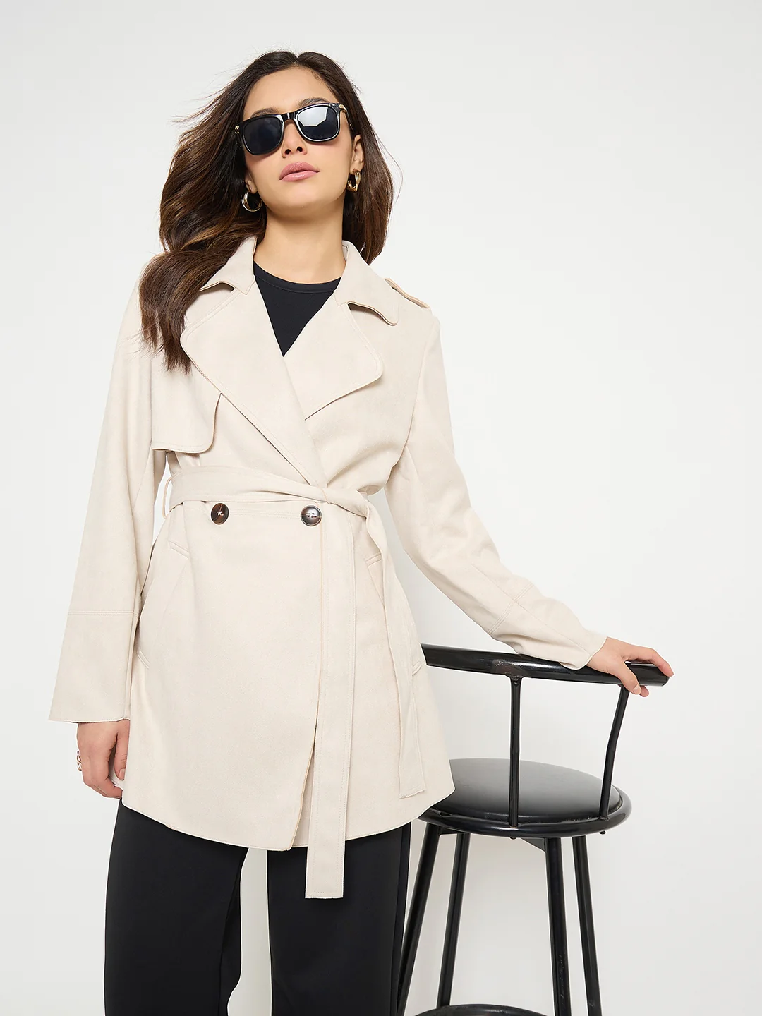 Madame Lapel Notch Collar Off White Long Coat with Belt and Buttons - Image 2