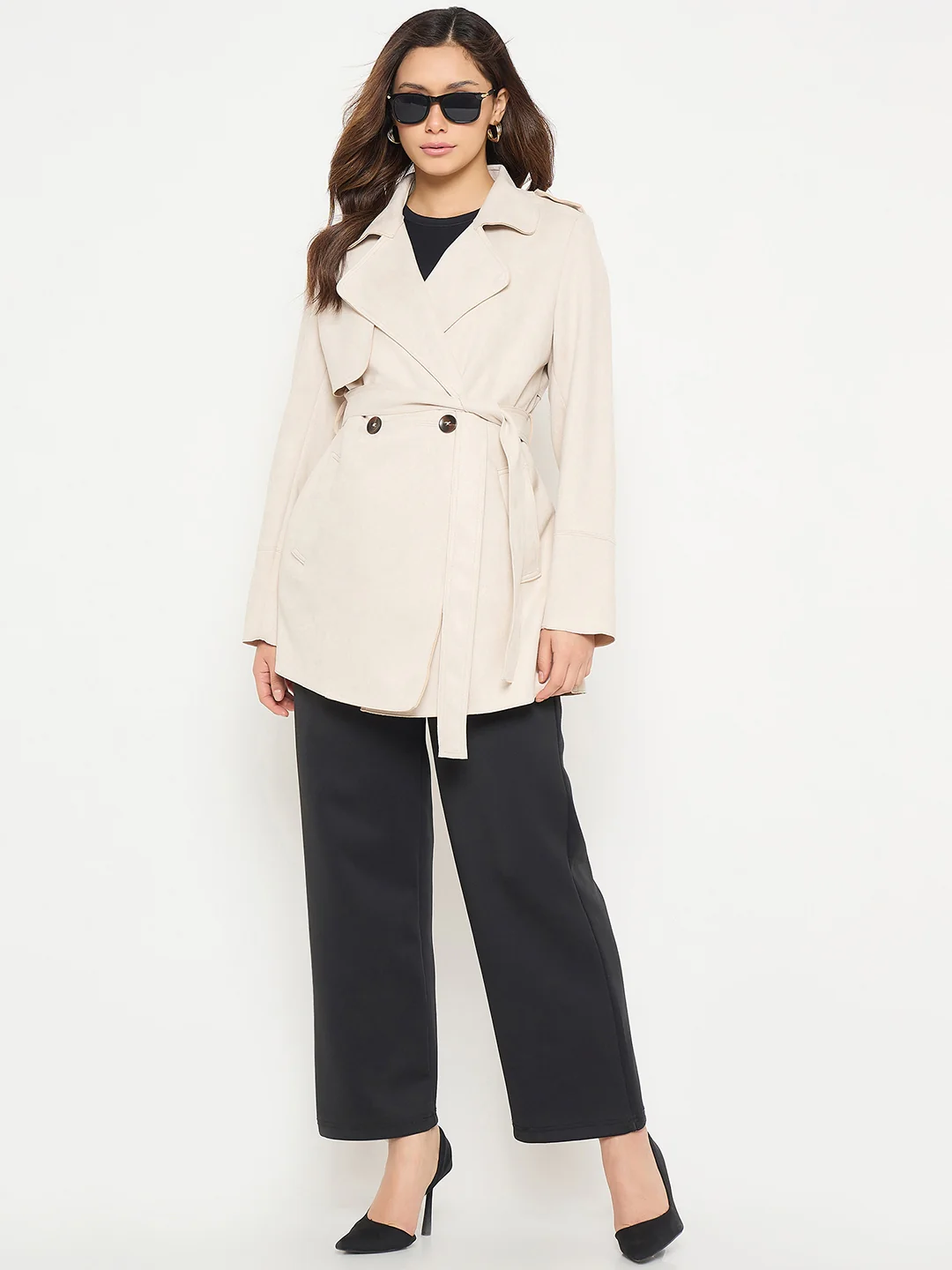 Madame Lapel Notch Collar Off White Long Coat with Belt and Buttons - Image 3