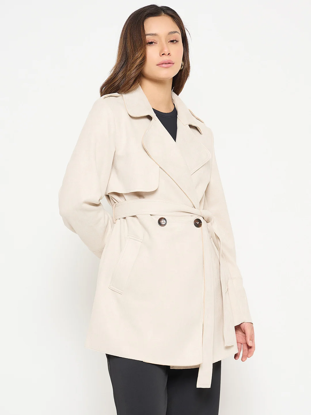 Madame Lapel Notch Collar Off White Long Coat with Belt and Buttons - Image 4