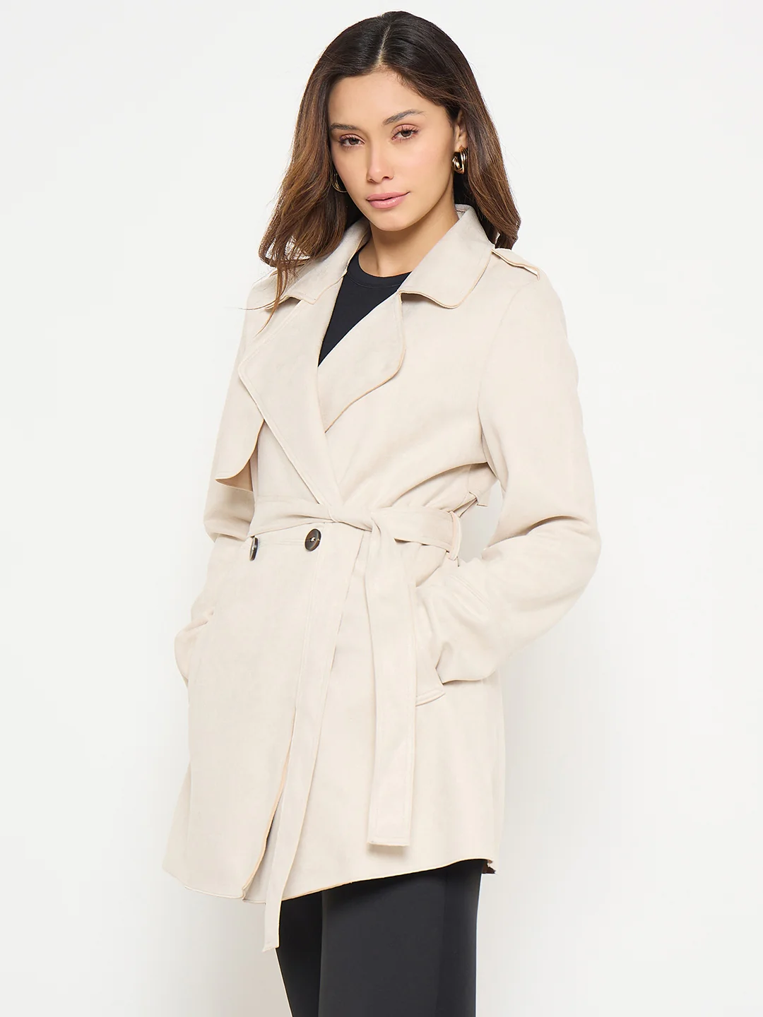 Madame Lapel Notch Collar Off White Long Coat with Belt and Buttons - Image 5