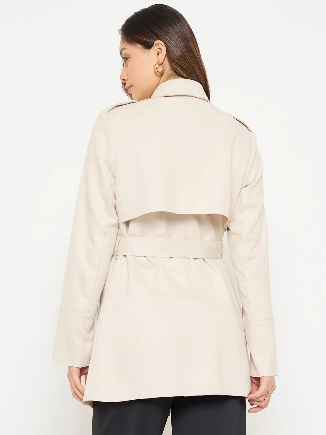 Madame Lapel Notch Collar Off White Long Coat with Belt and Buttons - Image 6