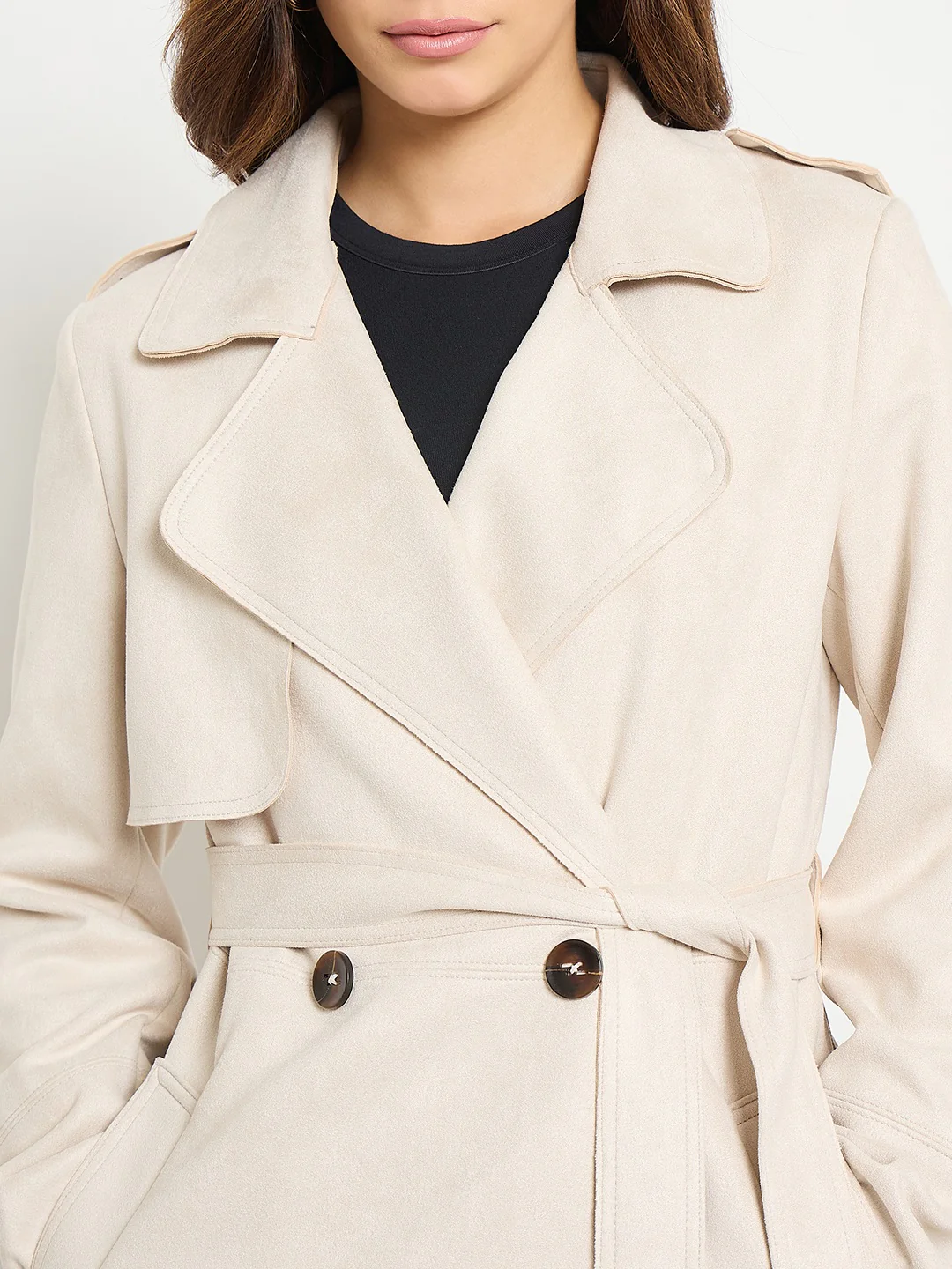 Madame Lapel Notch Collar Off White Long Coat with Belt and Buttons - Image 7