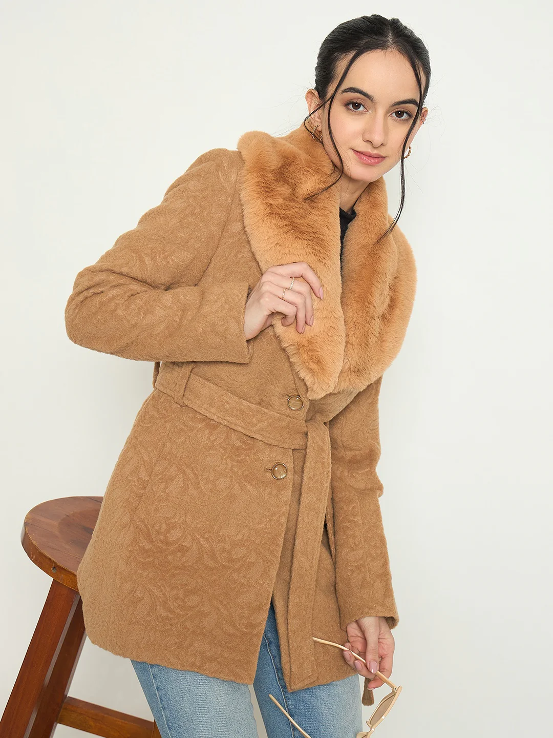 Madame Faux Fur Collar Belted Brown Long Coat - Image 2