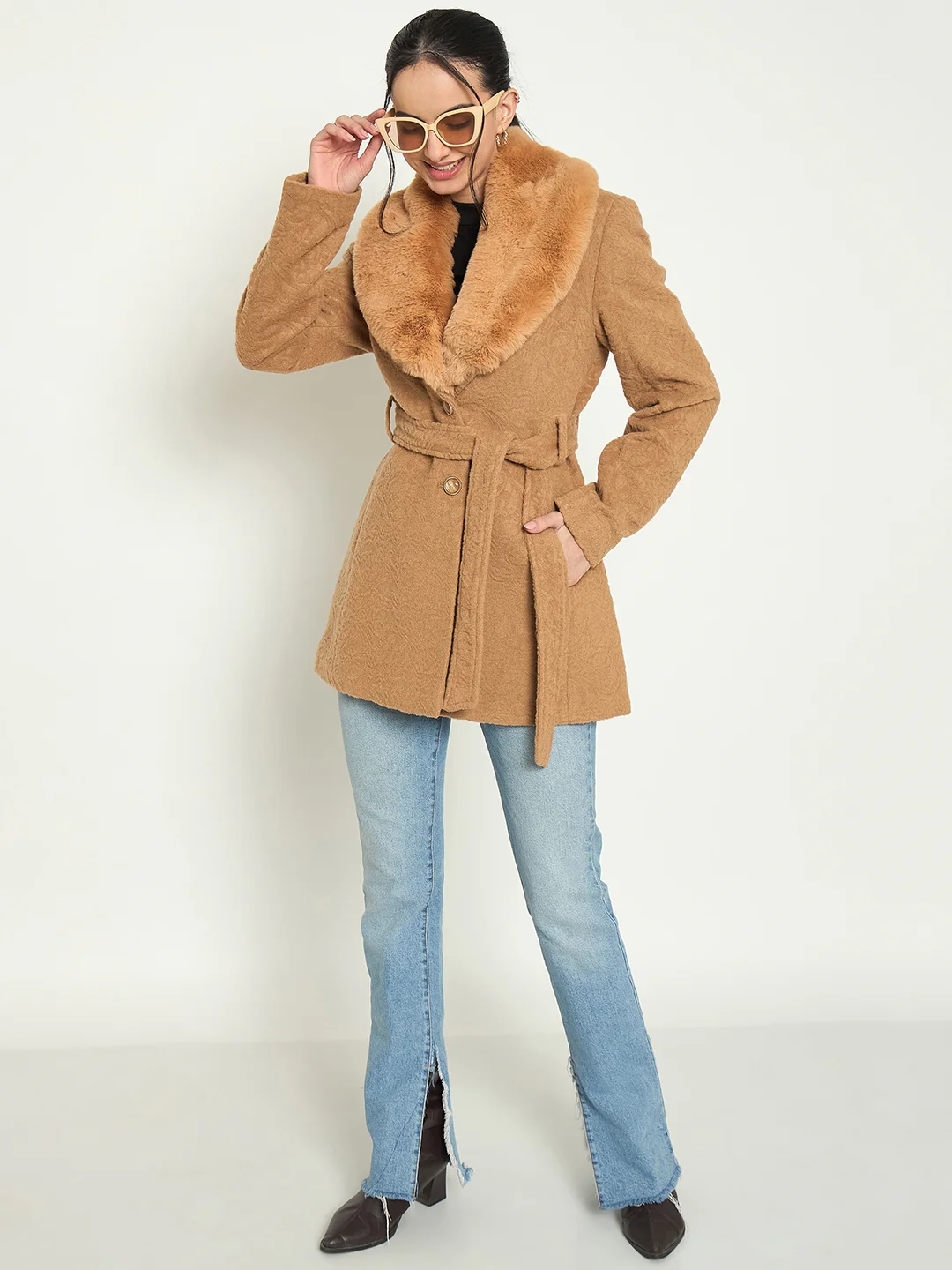 Madame Faux Fur Collar Belted Brown Long Coat - Image 3