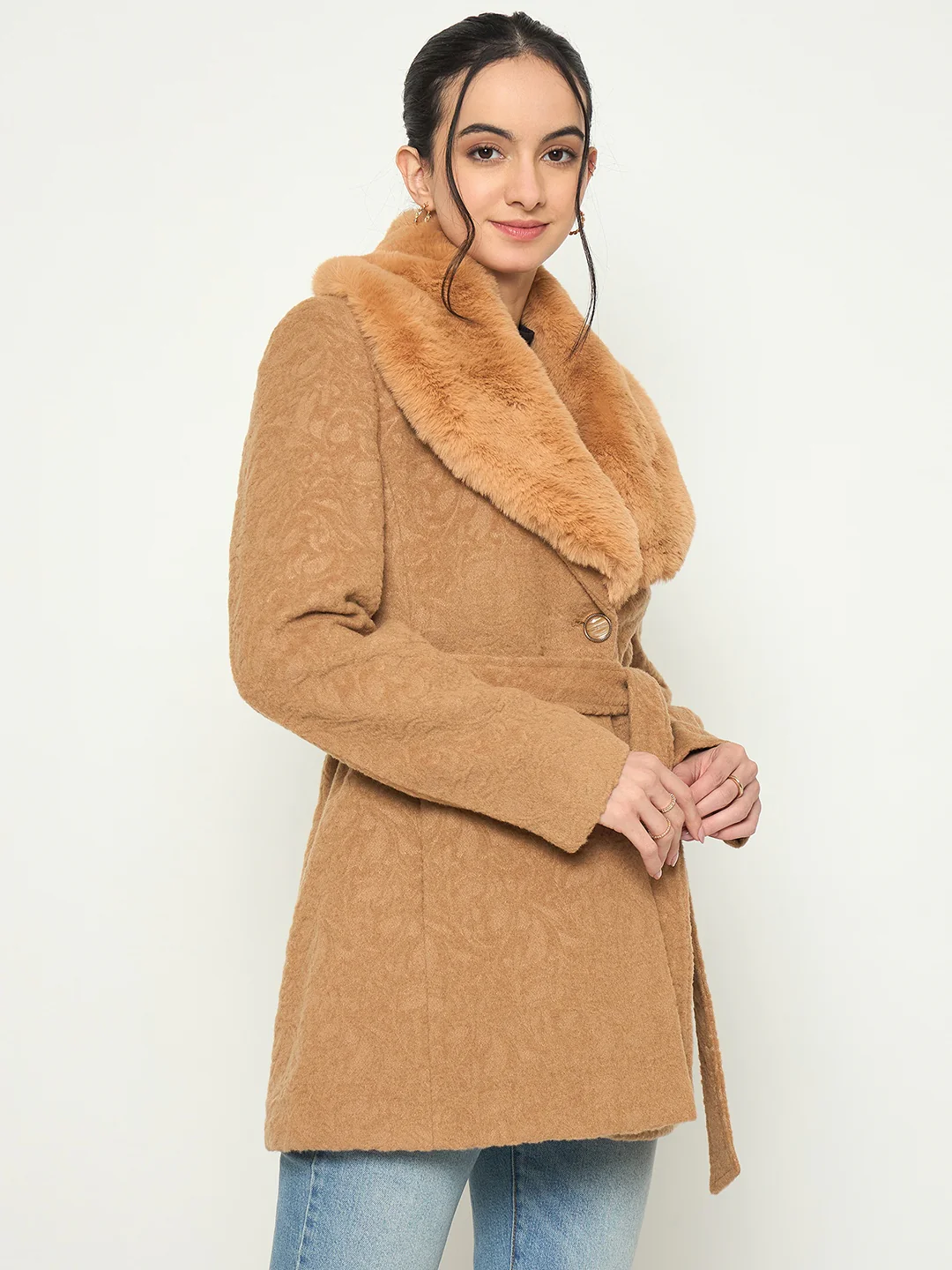Madame Faux Fur Collar Belted Brown Long Coat - Image 4