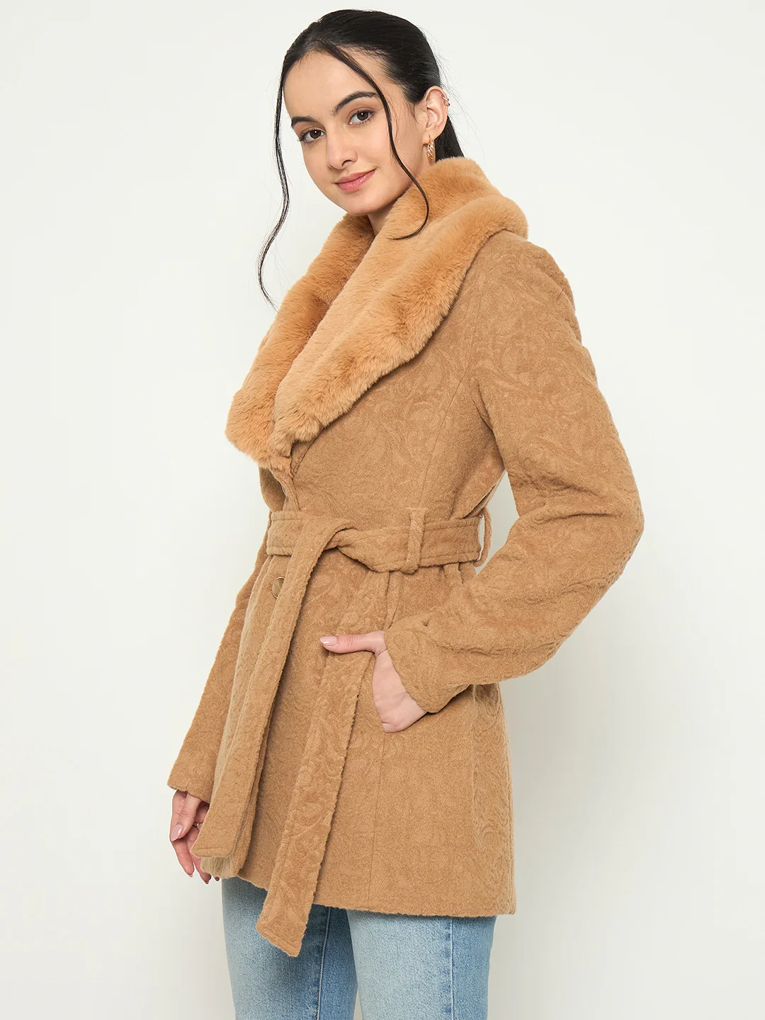 Madame Faux Fur Collar Belted Brown Long Coat - Image 5