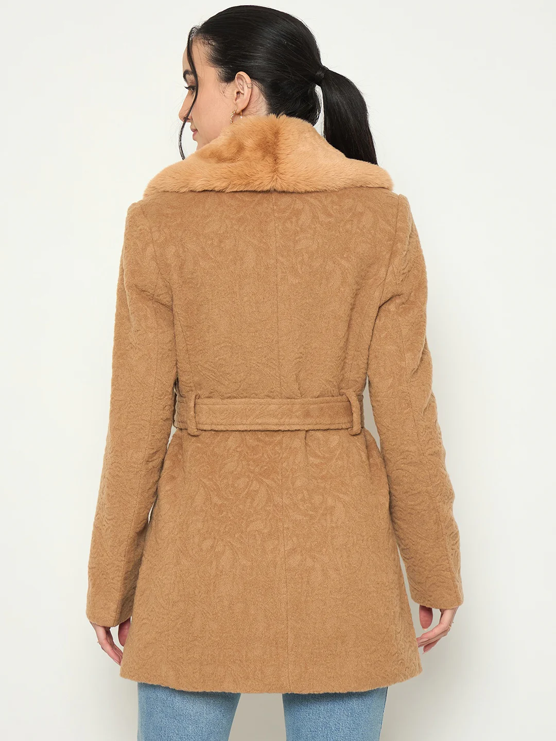 Madame Faux Fur Collar Belted Brown Long Coat - Image 6
