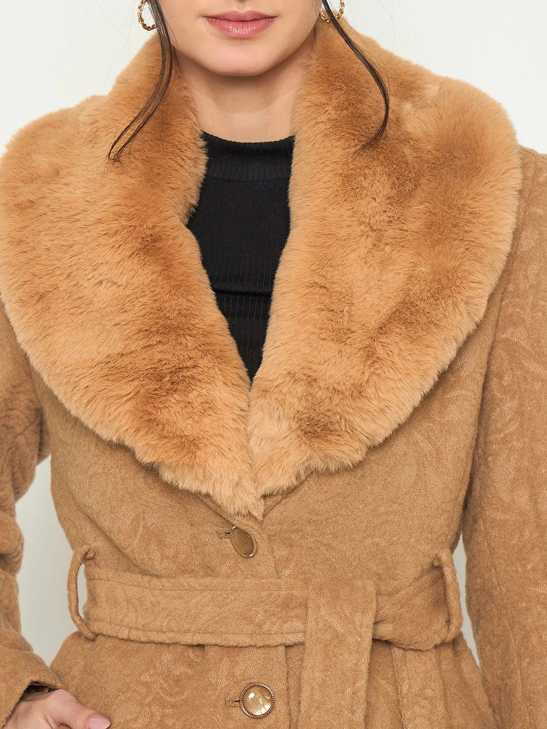 Madame Faux Fur Collar Belted Brown Long Coat - Image 7