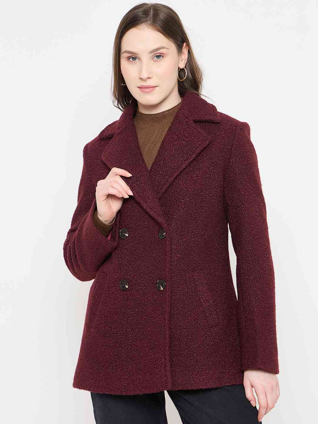 Madame Maroon Coat with Double Breasted Buttons and Notched Collar - Image 2