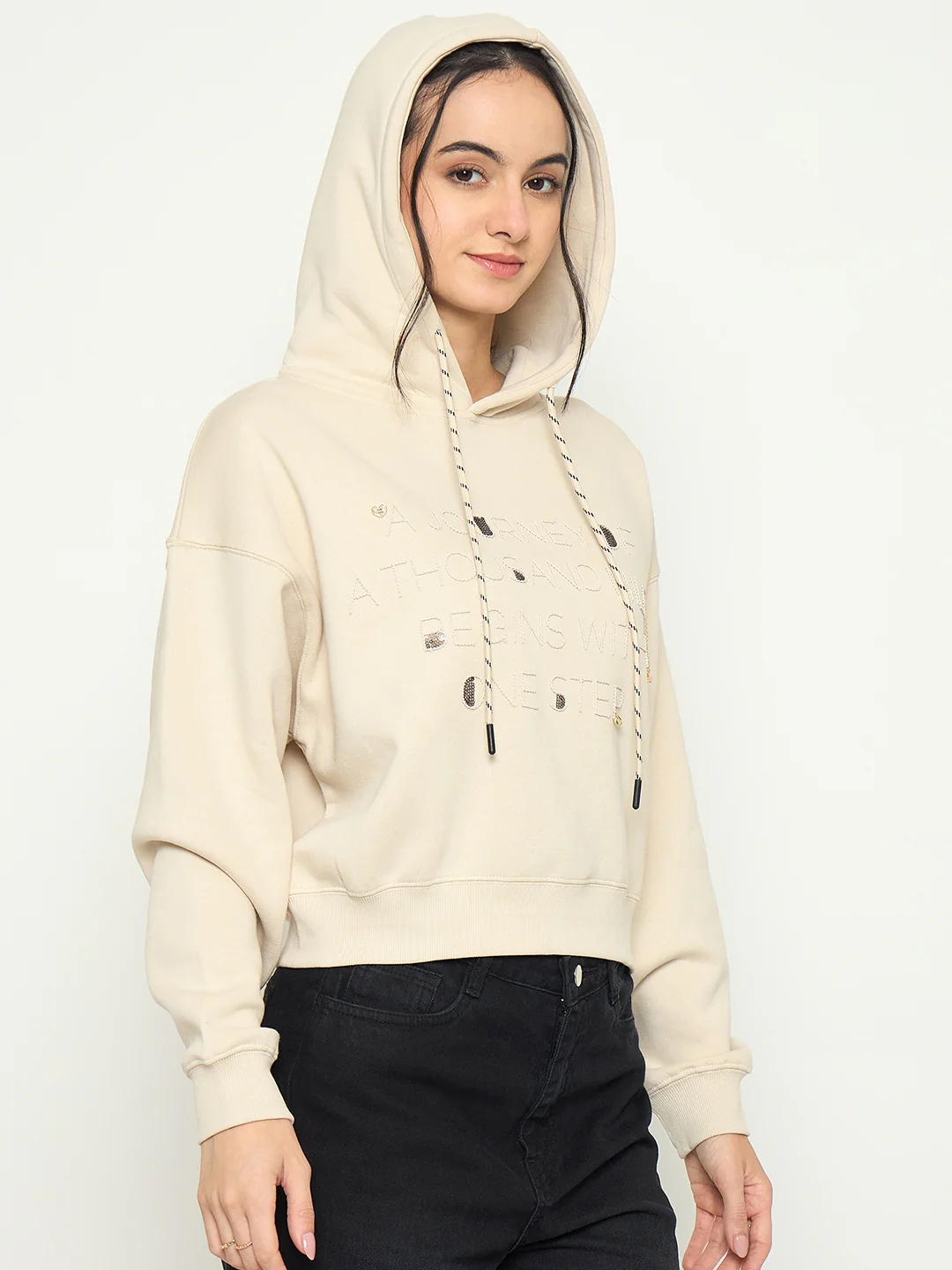 Madame Printed Sweatshirt with Drawstring Hood Neckline - Image 4