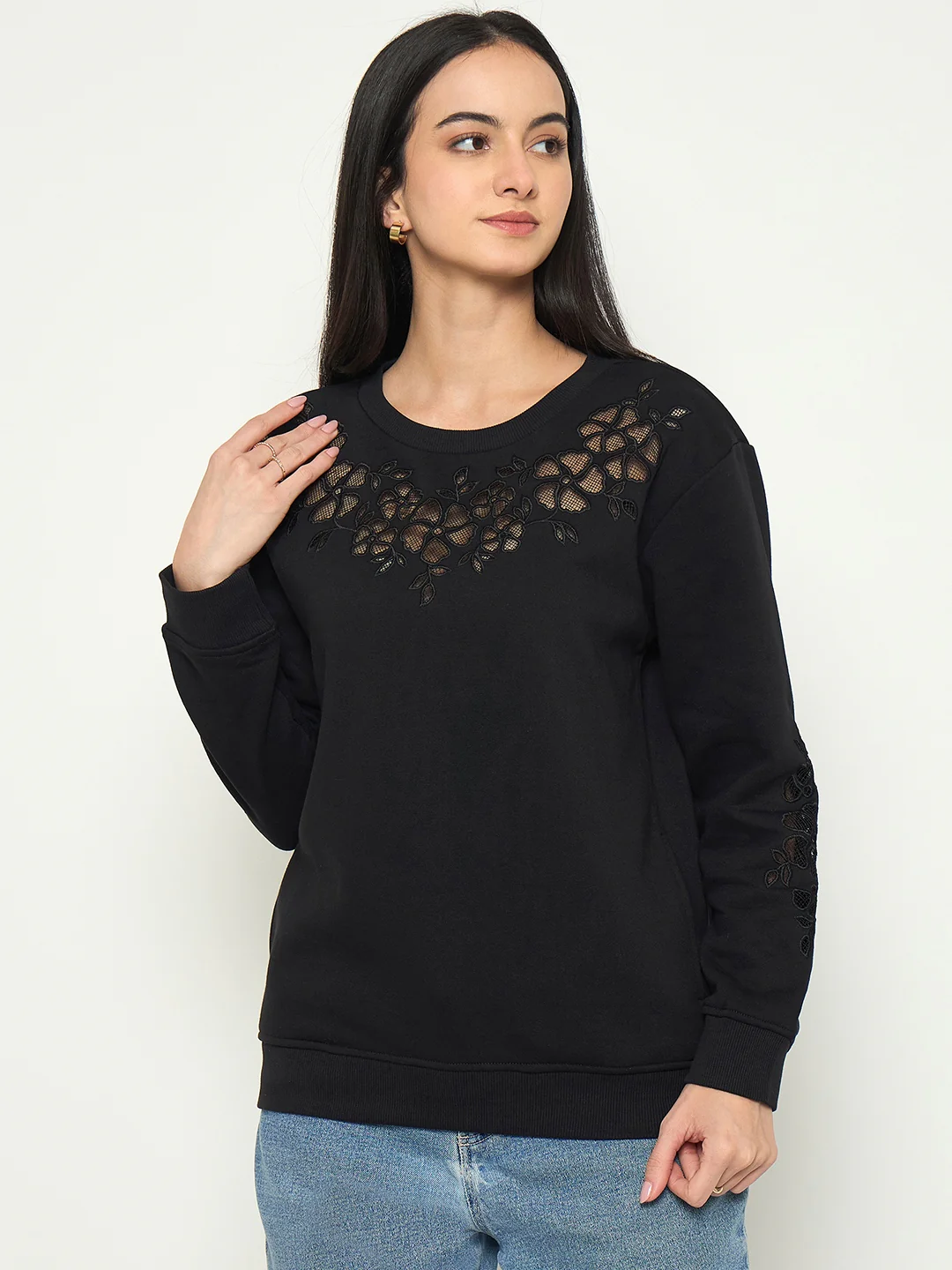 Madame Embroidered Round Neck Solid Sweatshirt