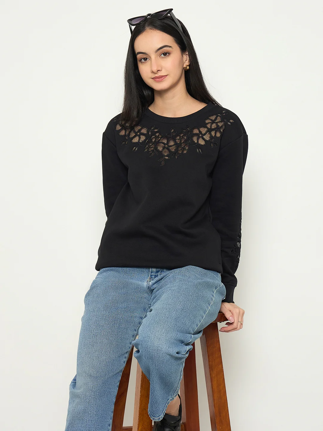 Madame Embroidered Round Neck Solid Sweatshirt - Image 2
