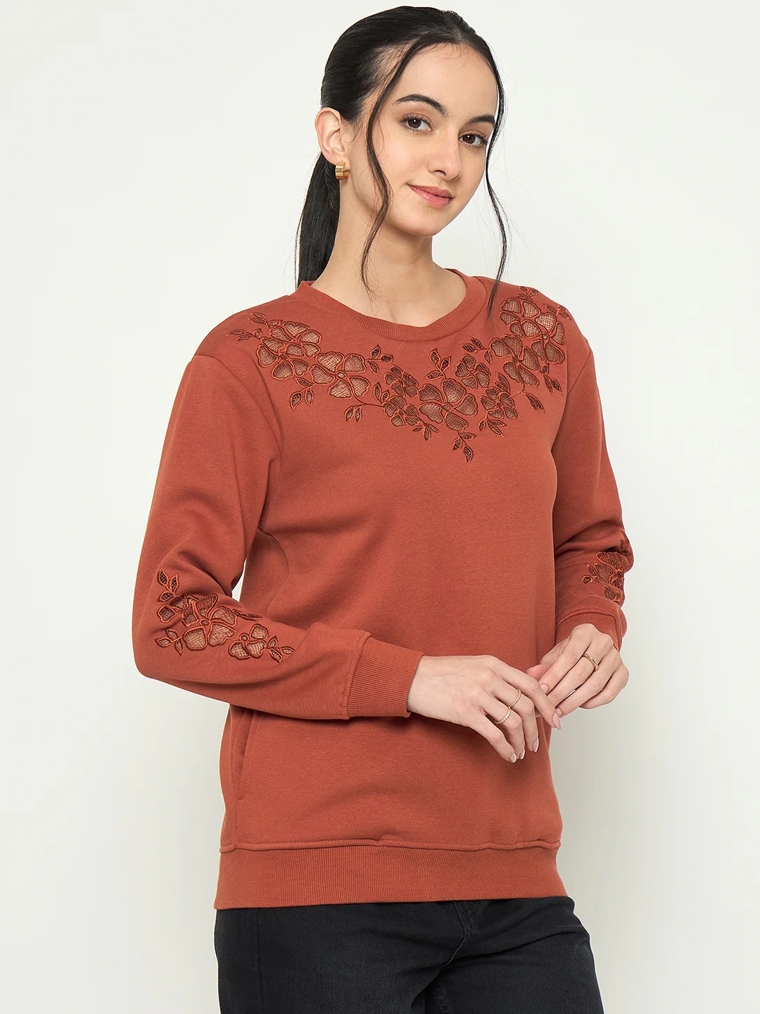 Madame Embroidered Round Neck Rust Orange Sweater - Image 4