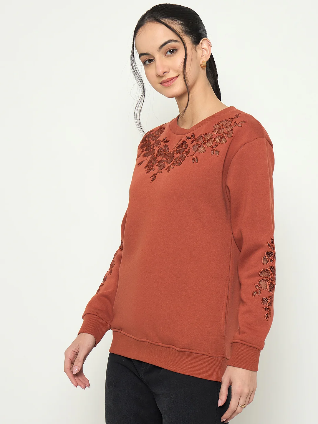 Madame Embroidered Round Neck Rust Orange Sweater - Image 5
