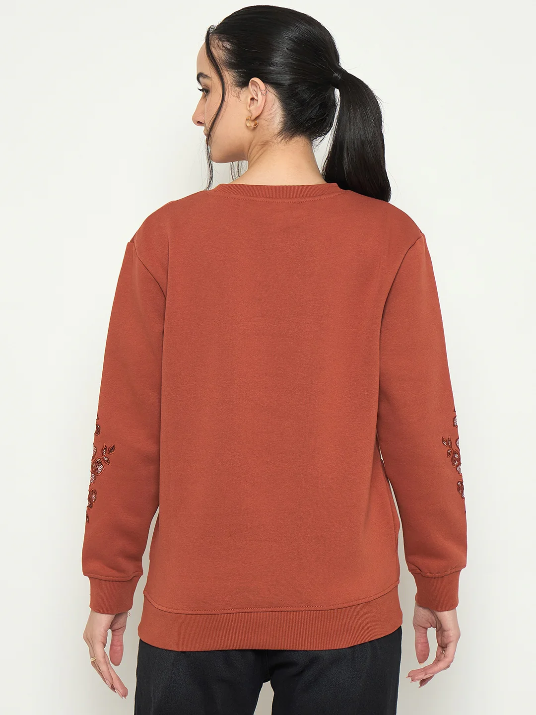 Madame Embroidered Round Neck Rust Orange Sweater - Image 6