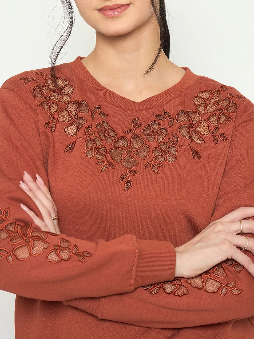 Madame Embroidered Round Neck Rust Orange Sweater - Image 7