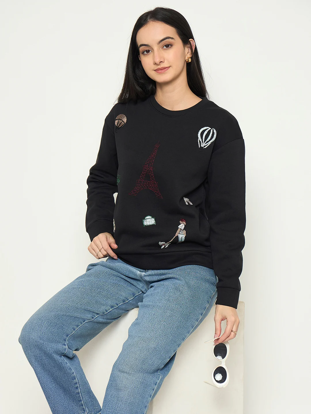 Madame Printed Black Sweatshirt with Crew Neckline - Image 2