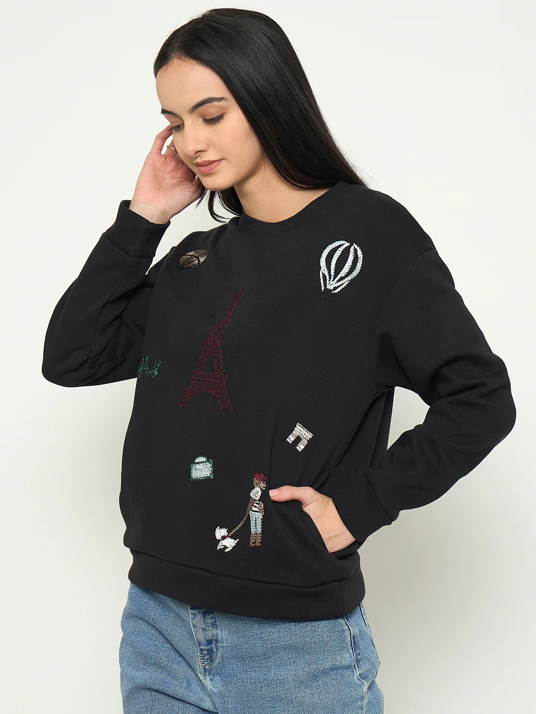 Madame Printed Black Sweatshirt with Crew Neckline - Image 5