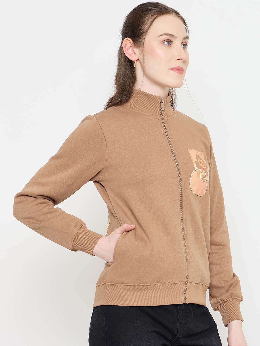 Madame Beige Mock Neck Sweatshirt with Graphic Print Pocket Patch - Image 4