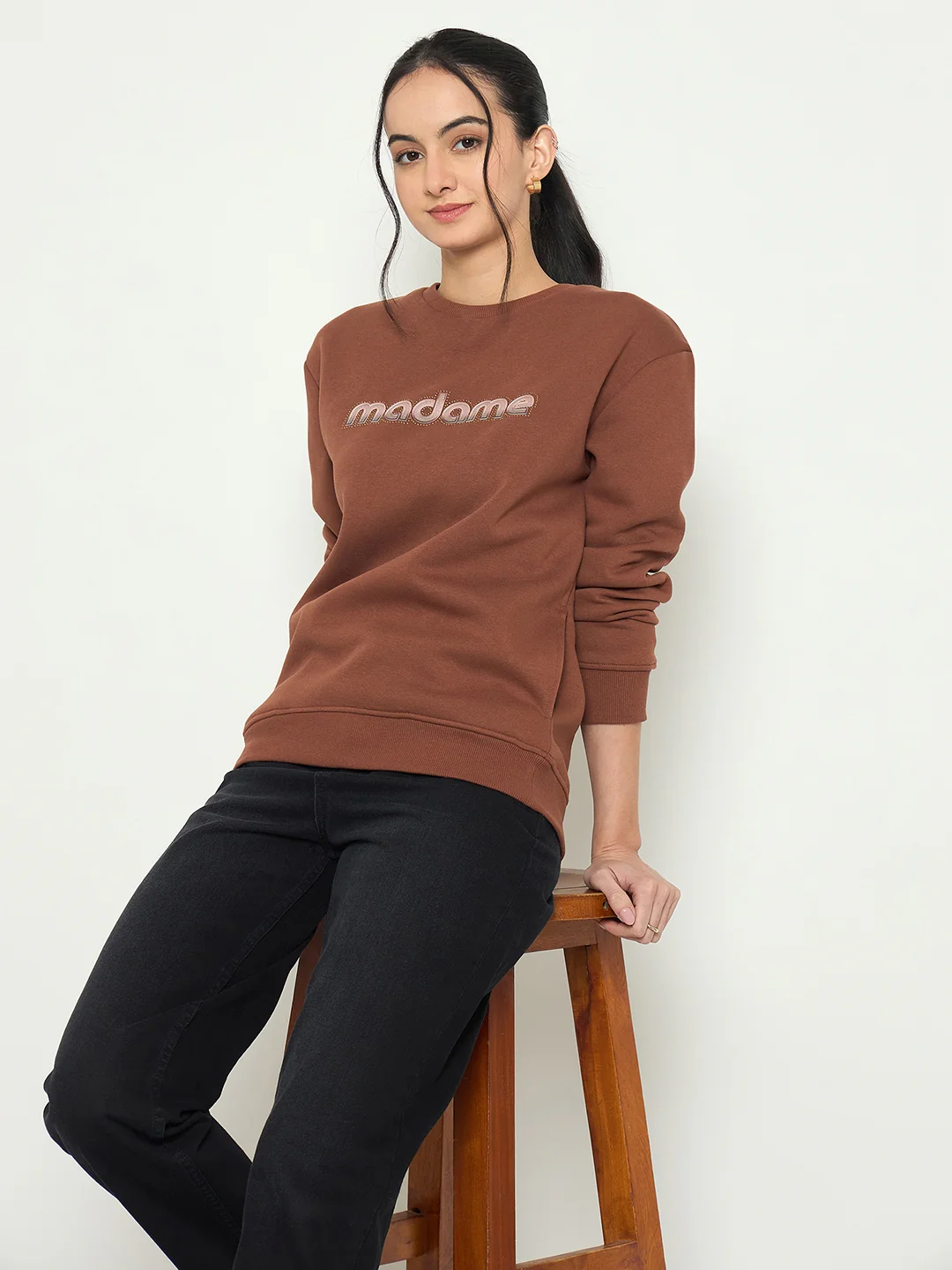 Madame Crew Neck Printed Brown Sweatshirt - Image 2