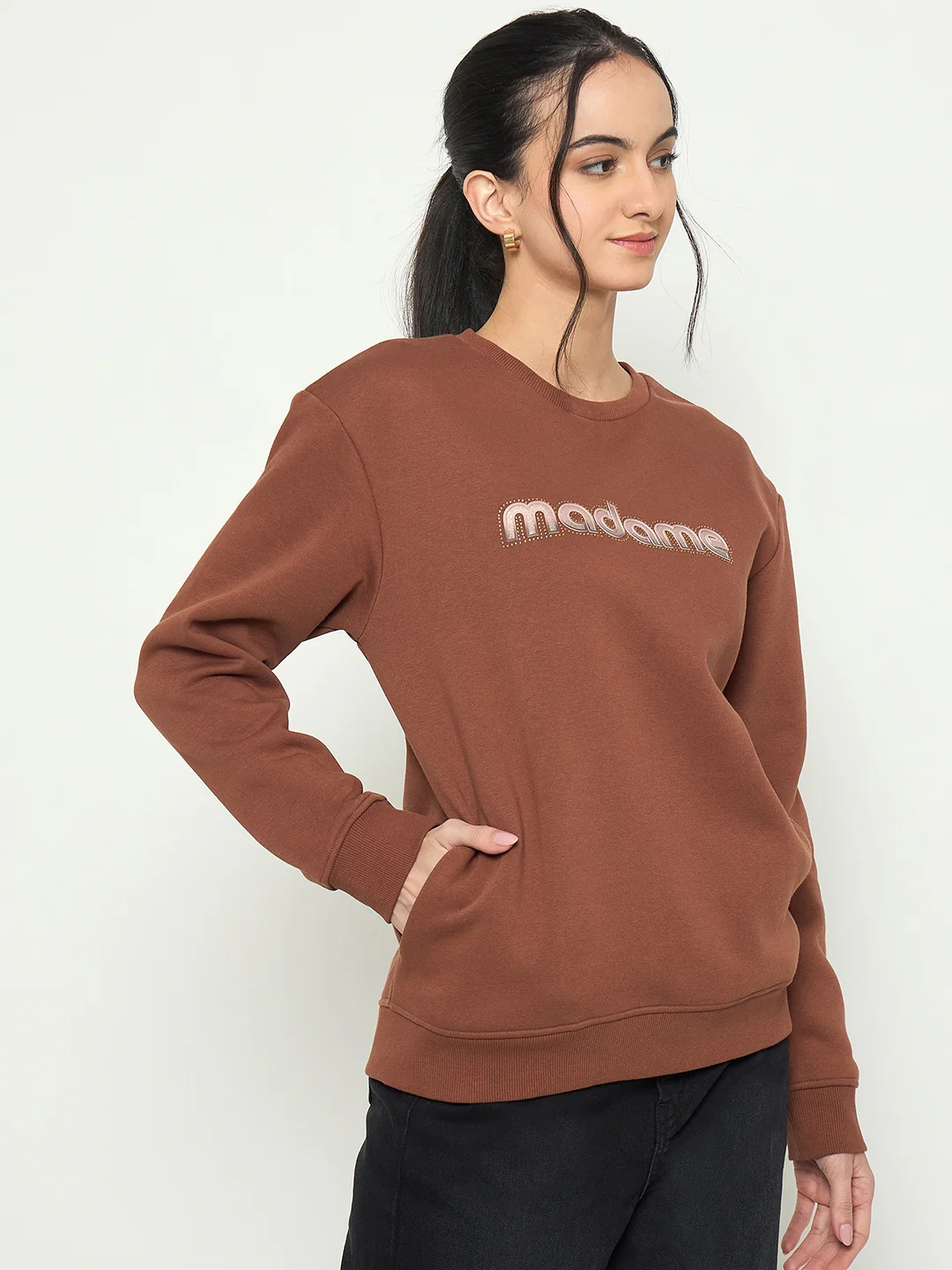 Madame Crew Neck Printed Brown Sweatshirt - Image 4