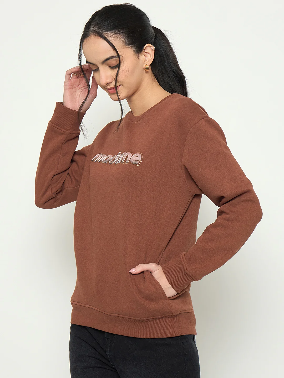 Madame Crew Neck Printed Brown Sweatshirt - Image 5