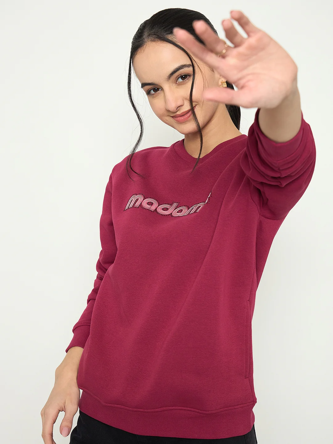 Madame Crew Neck Printed Wine Red Sweatshirt - Image 2