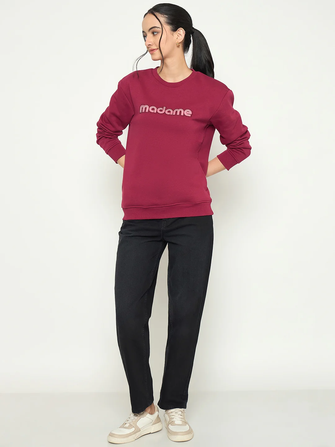 Madame Crew Neck Printed Wine Red Sweatshirt - Image 3
