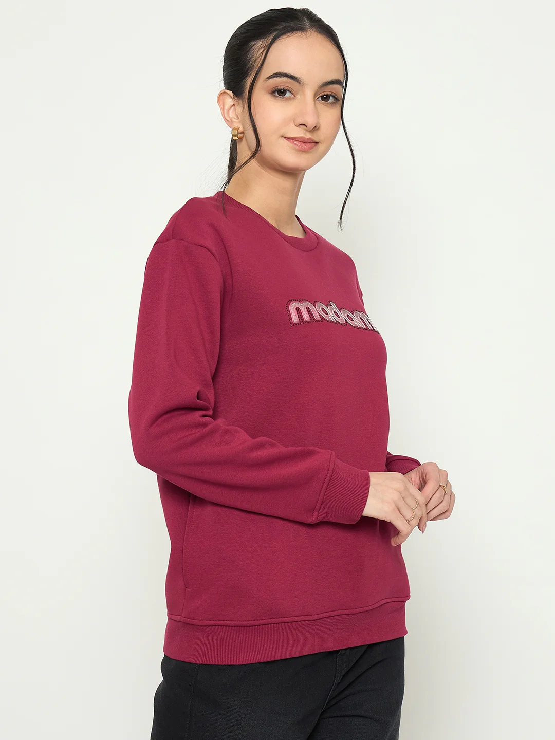 Madame Crew Neck Printed Wine Red Sweatshirt - Image 4