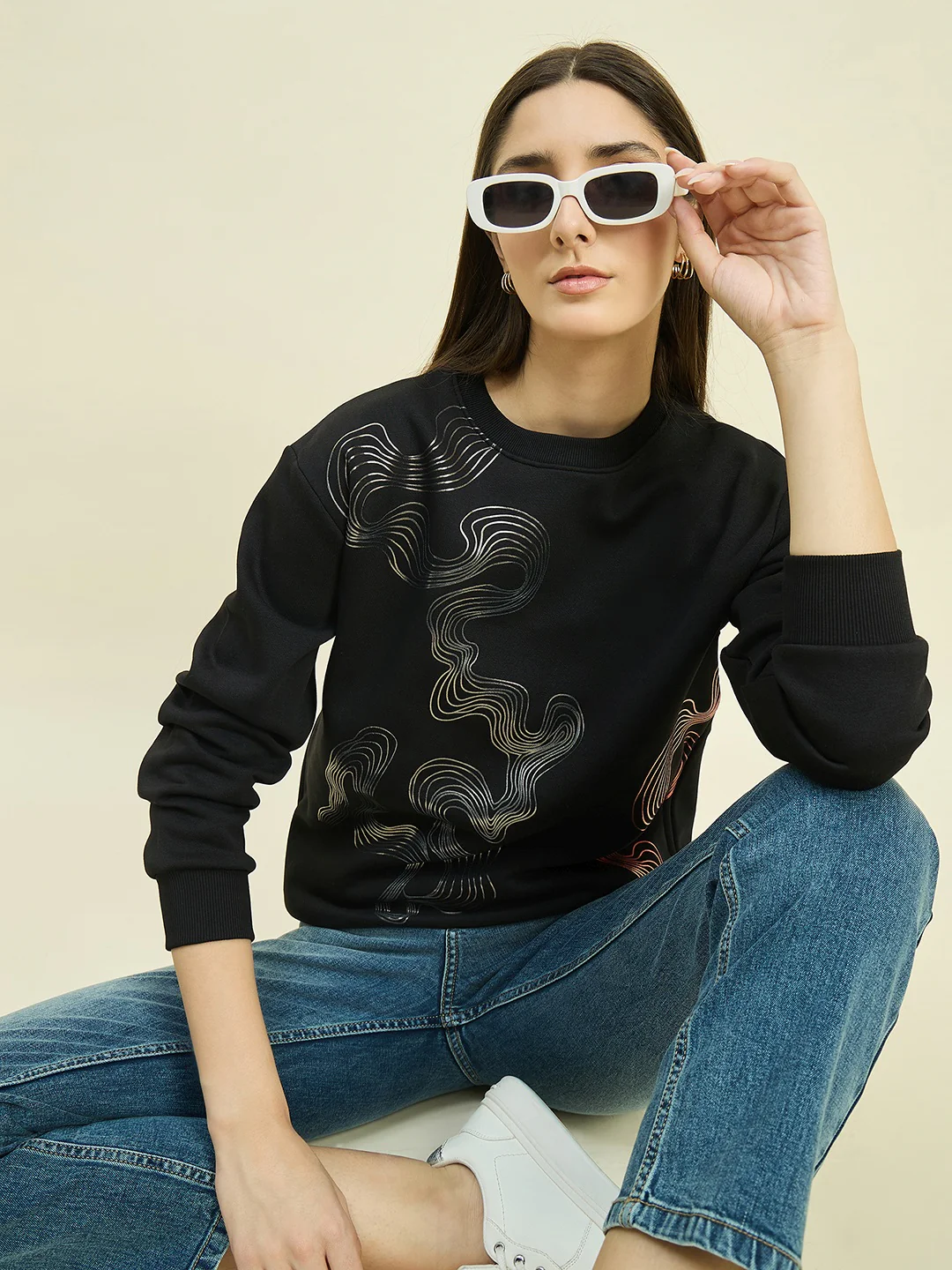 Madame Black Cotton Blend Printed Sweatshirt - Image 2