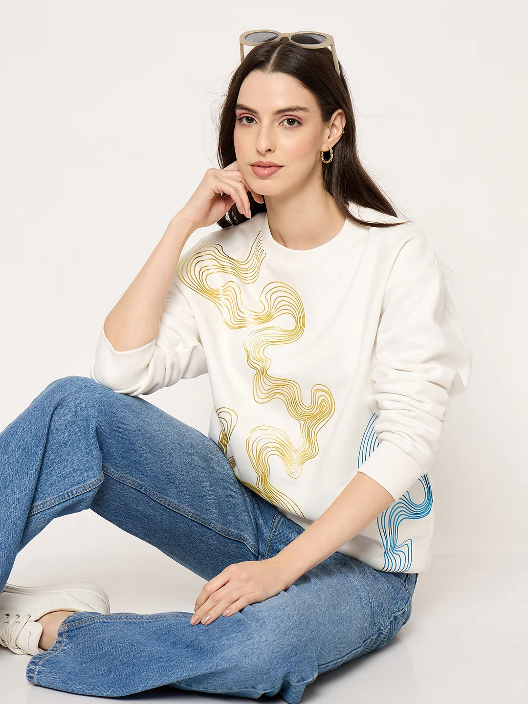 Madame Printed Crew Neck White Sweater - Image 2