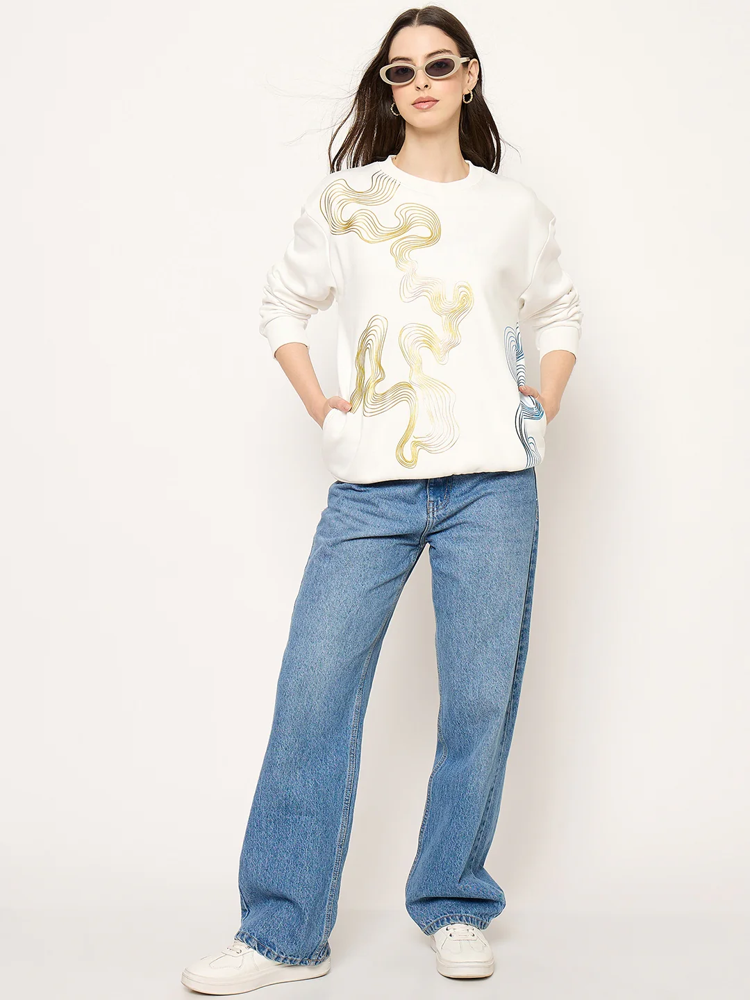 Madame Printed Crew Neck White Sweater - Image 3