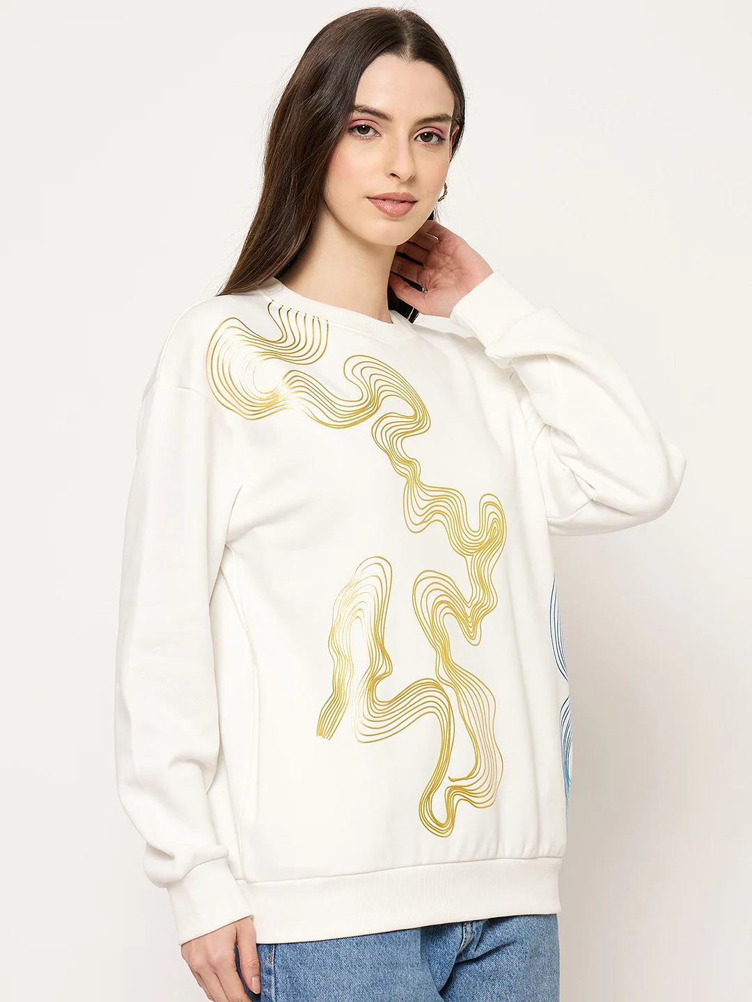 Madame Printed Crew Neck White Sweater - Image 4