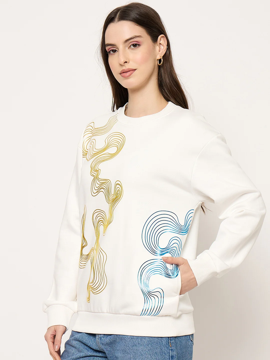 Madame Printed Crew Neck White Sweater - Image 5