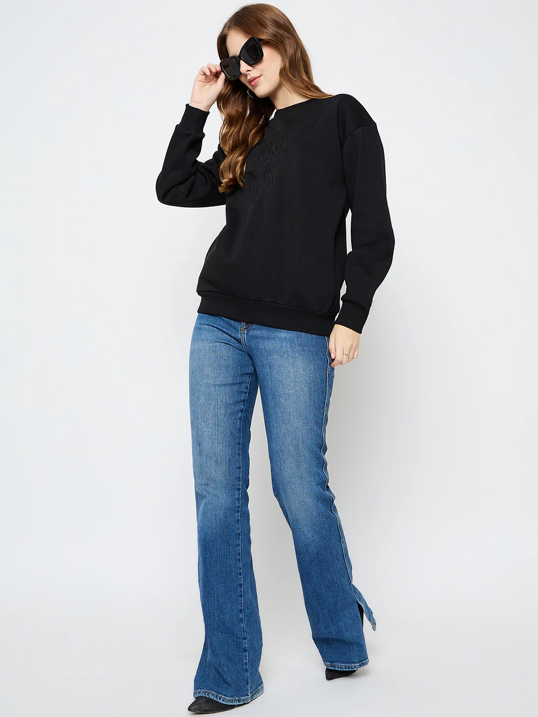 Madame Solid Black Cotton Blend Sweatshirt - Image 2