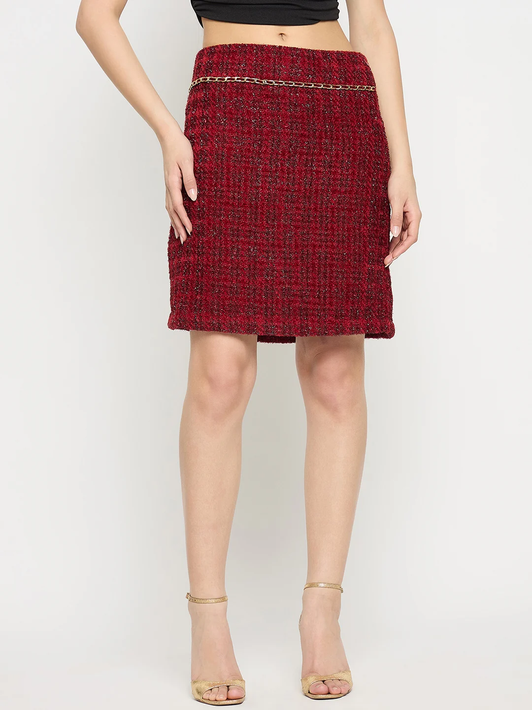 Madame Maroon Textured Tweed Mini Skirt - Image 3