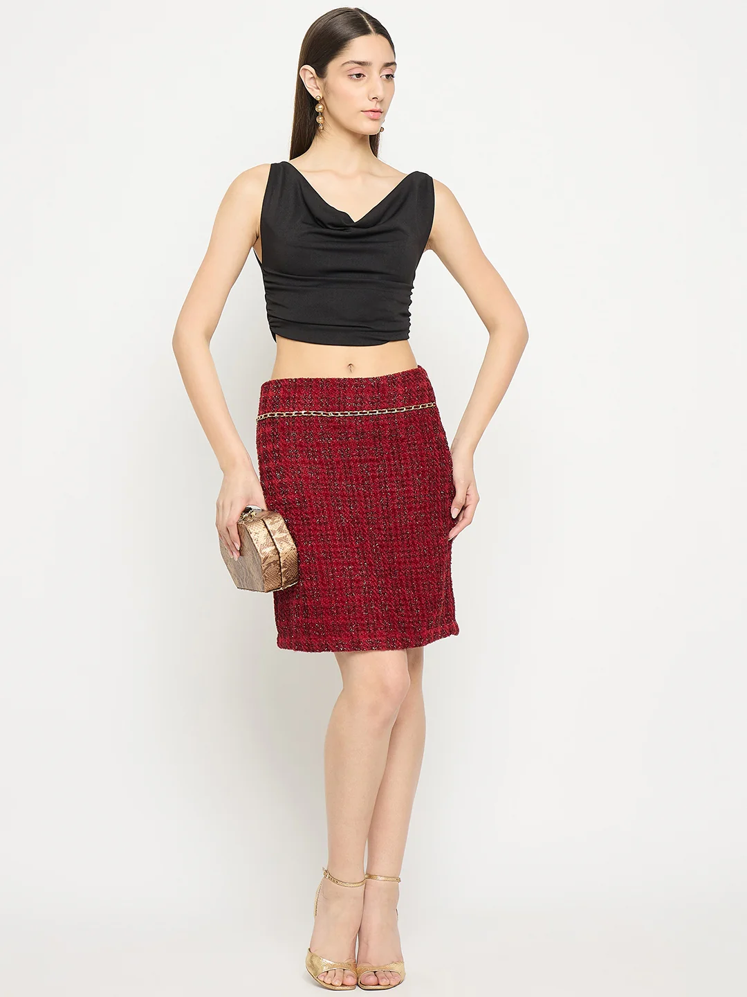 Madame Maroon Textured Tweed Mini Skirt - Image 4
