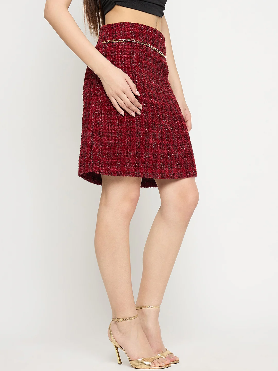 Madame Maroon Textured Tweed Mini Skirt - Image 5