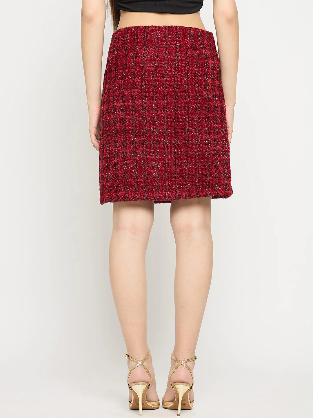 Madame Maroon Textured Tweed Mini Skirt - Image 7