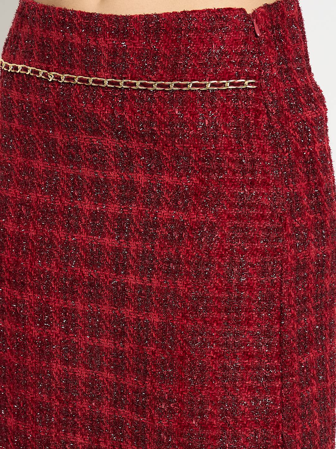 Madame Maroon Textured Tweed Mini Skirt - Image 8
