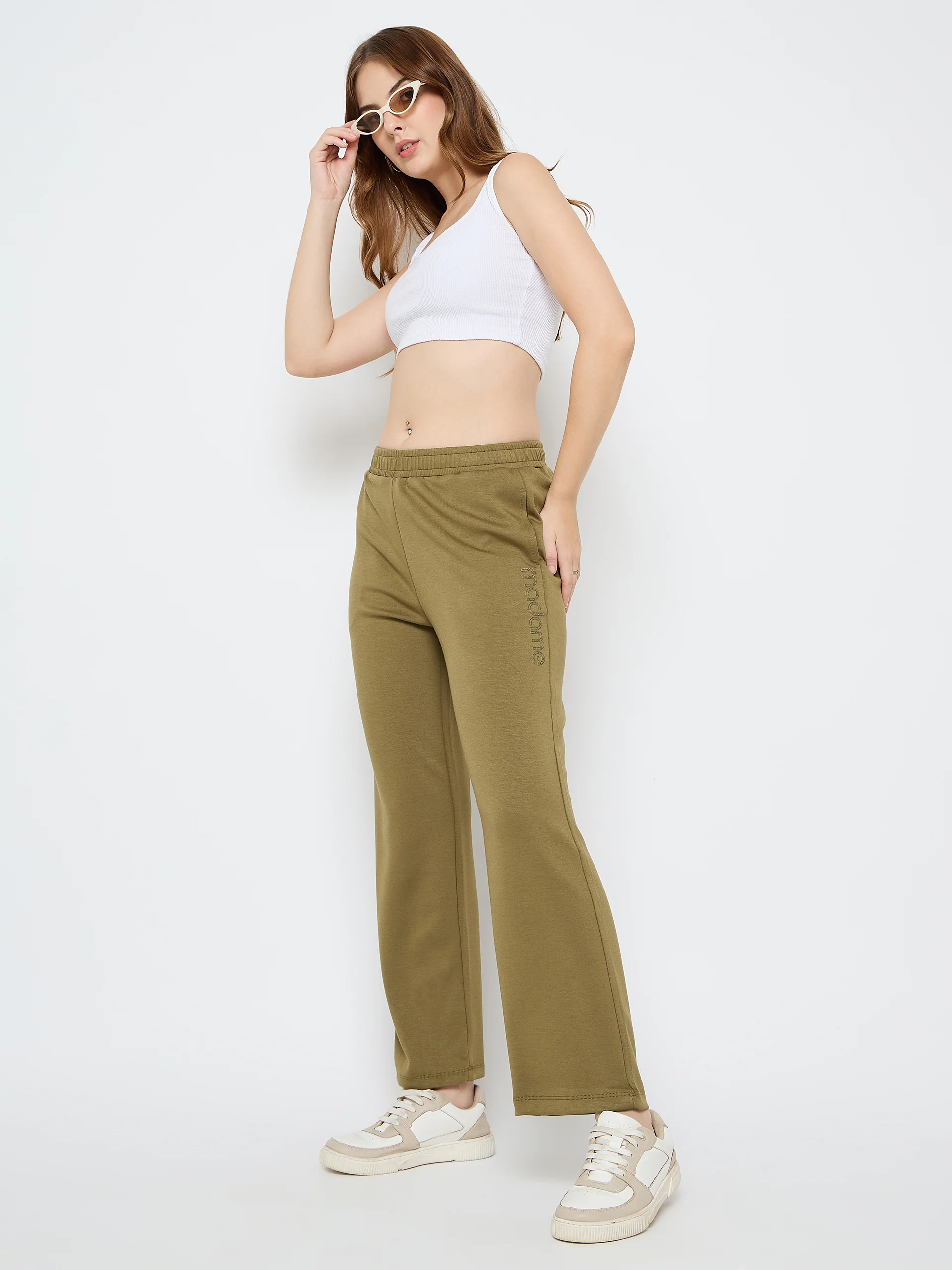Madame Typography Print Olive Green Straight Track Bottoms - Image 2