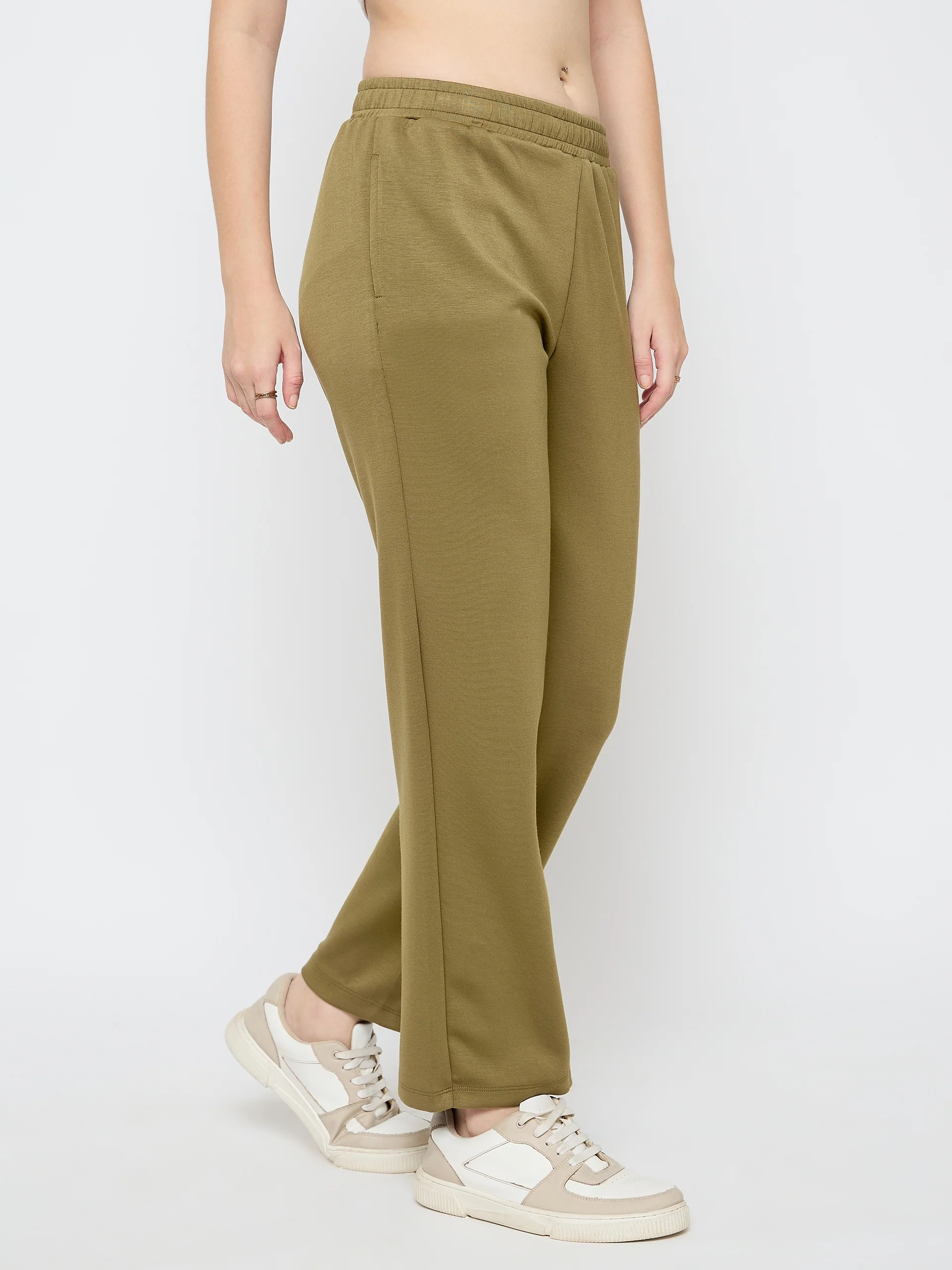 Madame Typography Print Olive Green Straight Track Bottoms - Image 3