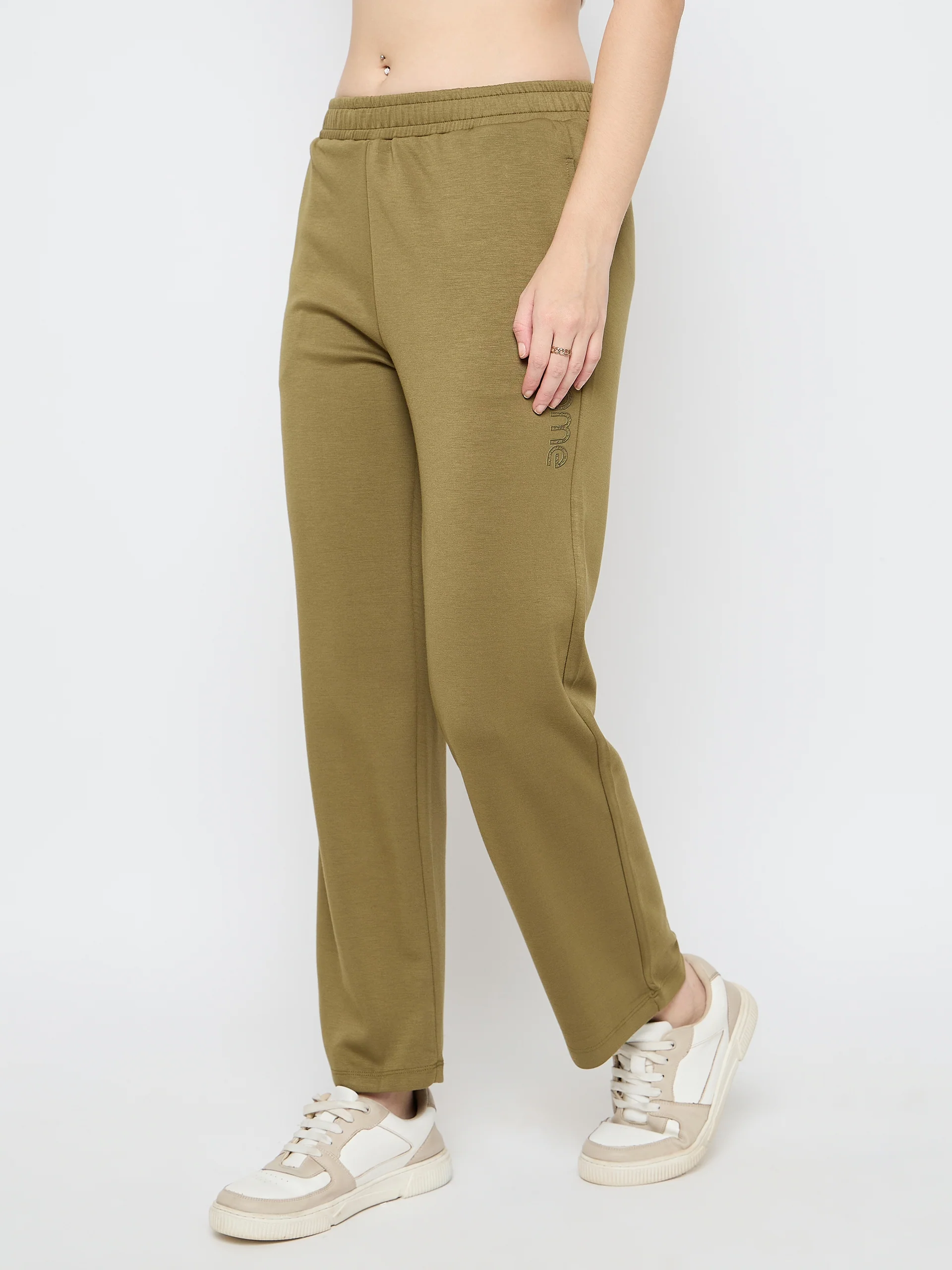 Madame Typography Print Olive Green Straight Track Bottoms - Image 4