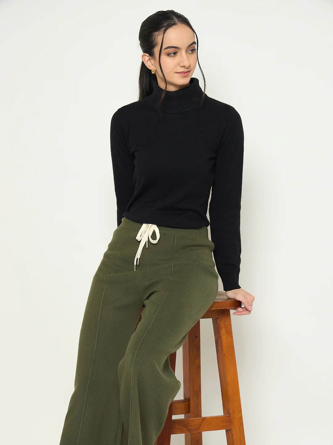 Madame Olive Green Wide Leg Wool Trousers - Image 2