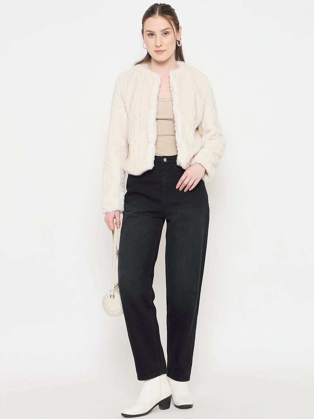 Madame Off White Round Neck Pearl Embellished Blazer - Image 3