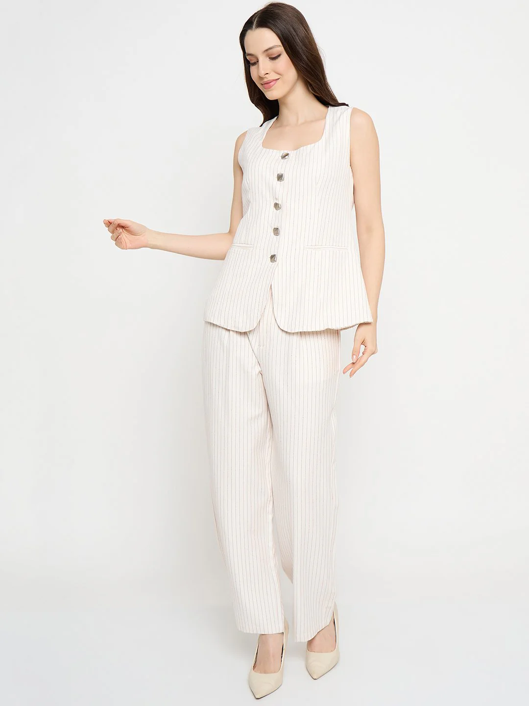 Madame Striped Top and Straight Bottoms Off White Co-ord Set