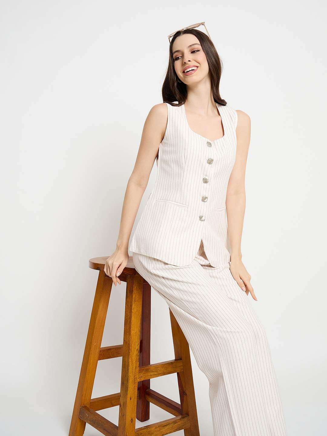 Madame Striped Top and Straight Bottoms Off White Co-ord Set - Image 2
